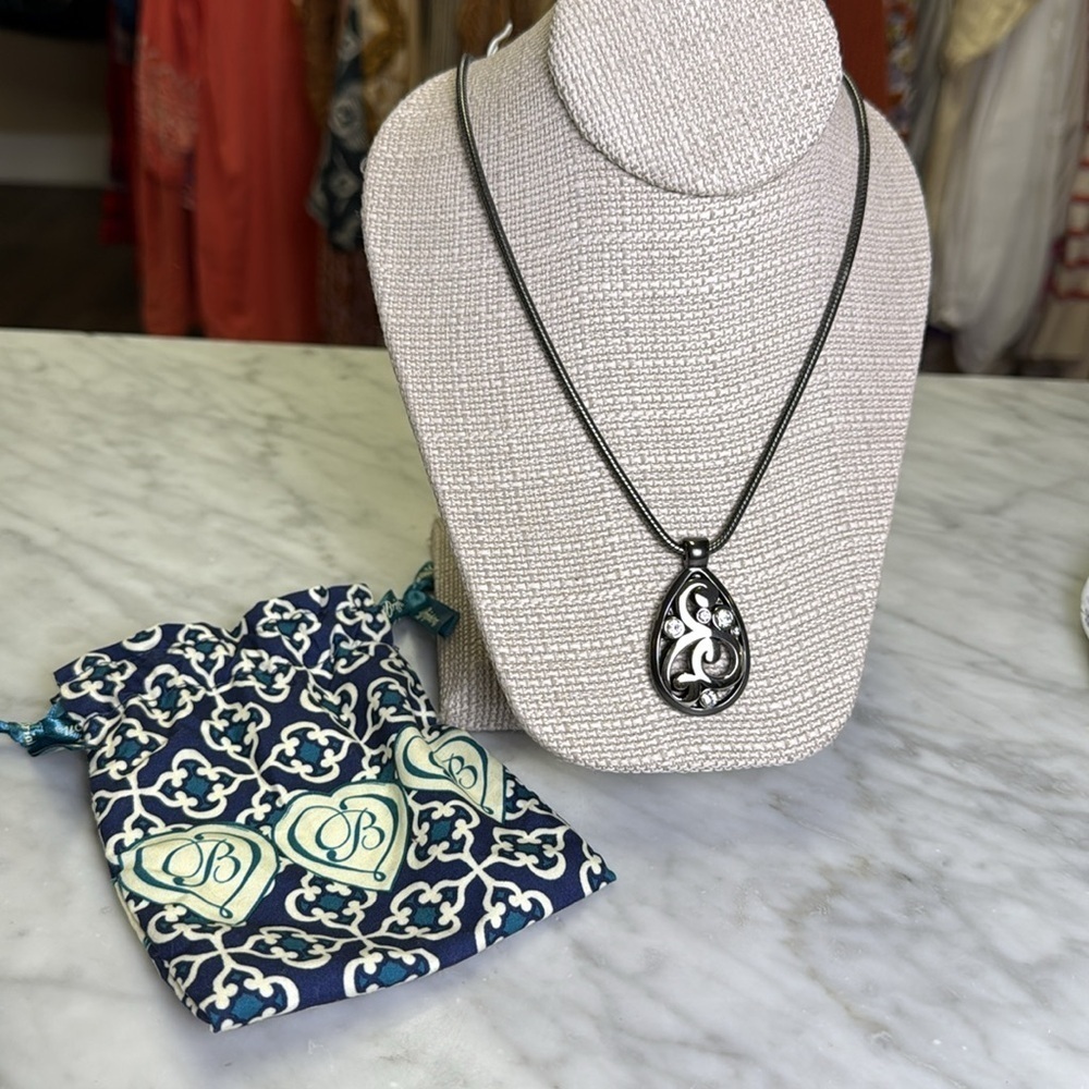 BRIGHTON Black Spiral Teardrop Pendant Contemporary Necklace with Rhinestones